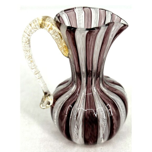 Murano Latticino Ribbon Petite Pitcher Vase Handle Purple White Gold 3" Tall - Picture 4 of 7